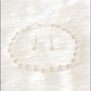 Glass Pearl And Clear Seed Bead Necklace With Earrings
